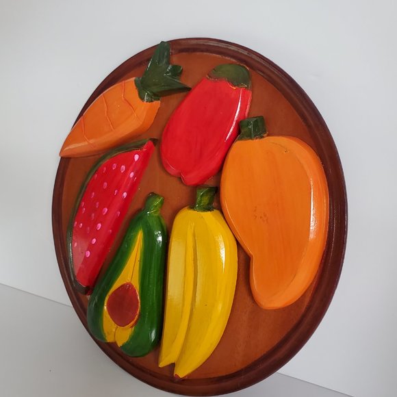 MCM Hand Carved Wood Wall Plaque Fruit & Veggies Plate Haitian Art Colourful - Picture 3 of 9